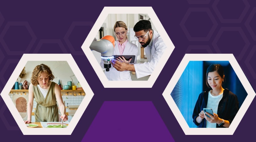 A collage of diverse people in hexagon frames against a purple geometric background.