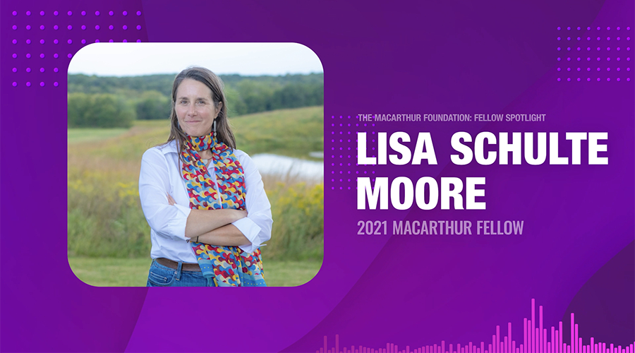 Woman with long hair and colorful scarf stands outdoors, text reads 