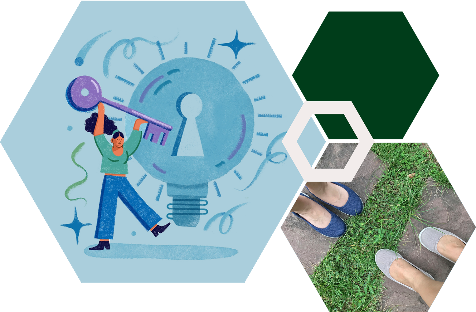 Hexagon collage with images of women collaborating on work, and image of footprints in sand